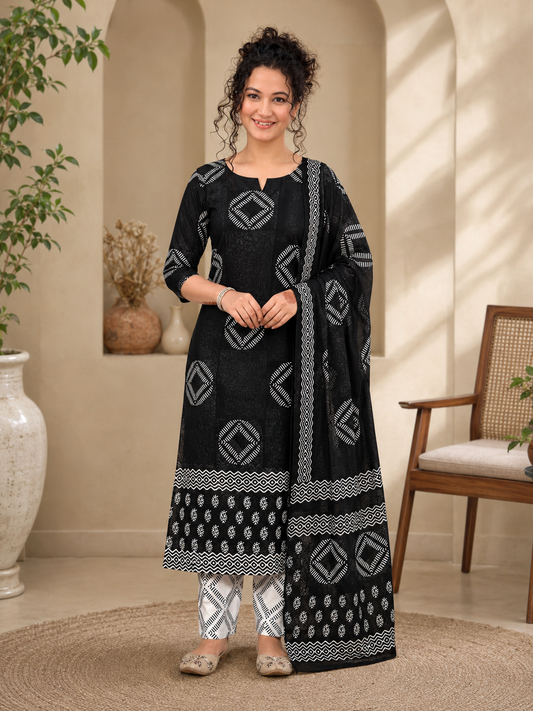 Aditi Bagru Hand Block Print Cotton Suit Set — Monochrome Black & White (Unstitched, 7.5m)