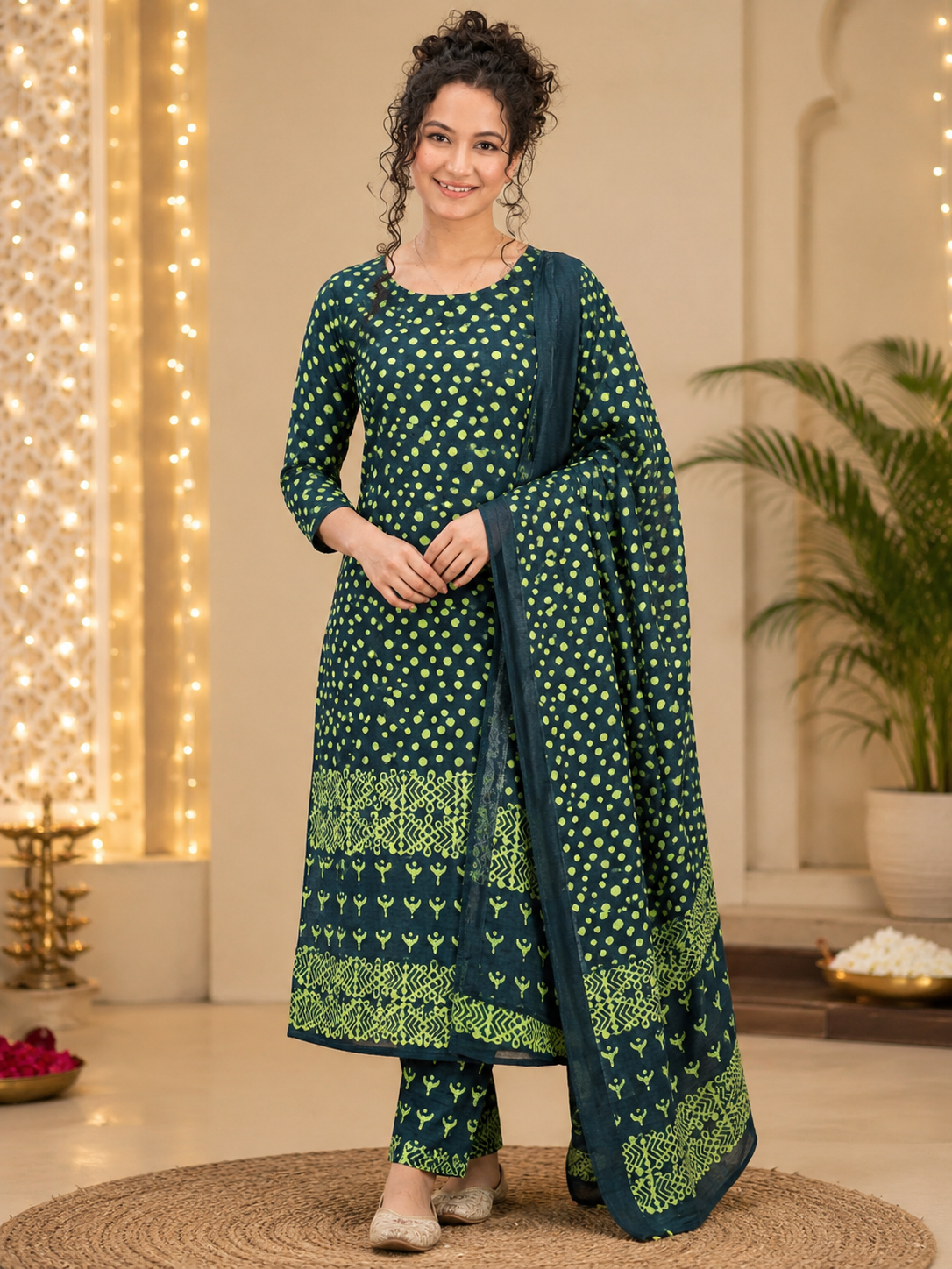 Bagru Hand Block Print Cotton Suit Set — Bottle Green & Mustard Dot Print (Unstitched, 7.5m)