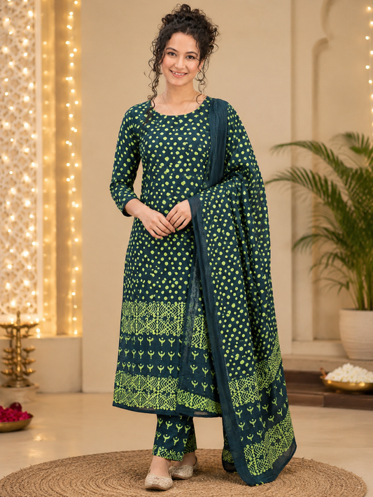 Bagru Hand Block Print Cotton Suit Set — Bottle Green & Mustard Dot Print (Unstitched, 7.5m)