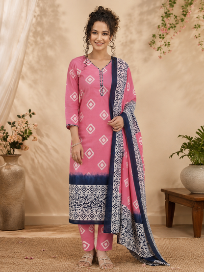 Pink & Navy Diamond Motif Unstitched Cotton Fabric Set — Spiral Scroll Border
