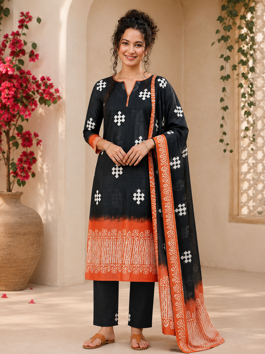 Kirti Bagru Hand Block Print Cotton Suit Set — Dip-Dye Charcoal & Rust (Unstitched, 7.5m)