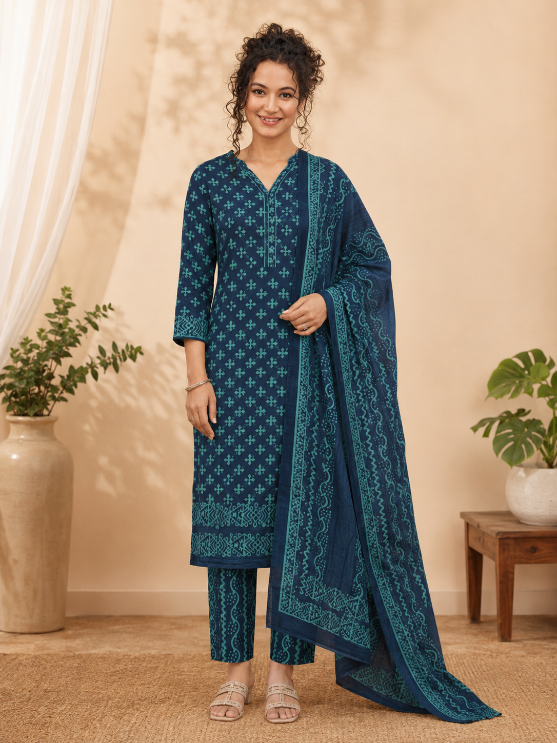 Saanvi Bagru Hand Block Print Cotton Suit Set — Indigo & Sage Bordered Dupatta (Unstitched, 7.5m)