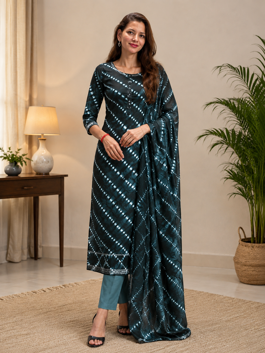 Arashi Shibori Cotton Suit Set — Teal to Black (Unstitched, 7.5m)