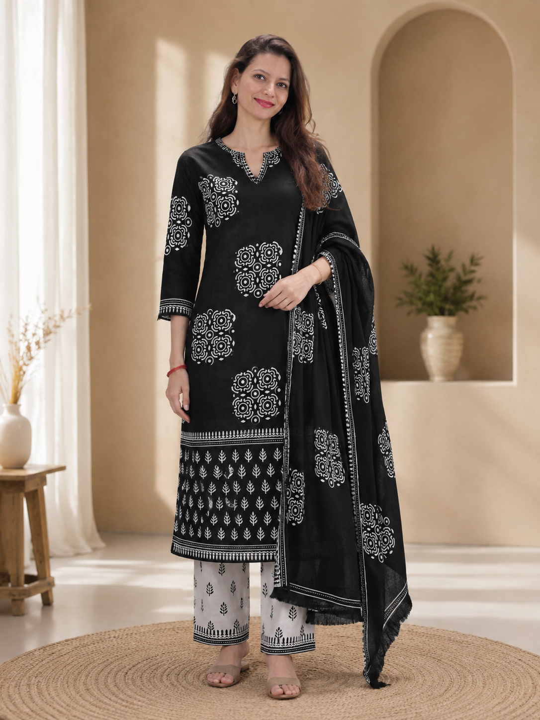 Amiya Bagru Hand Block Print Cotton Suit Set — Monochrome Black & White (Unstitched, 7.5m)