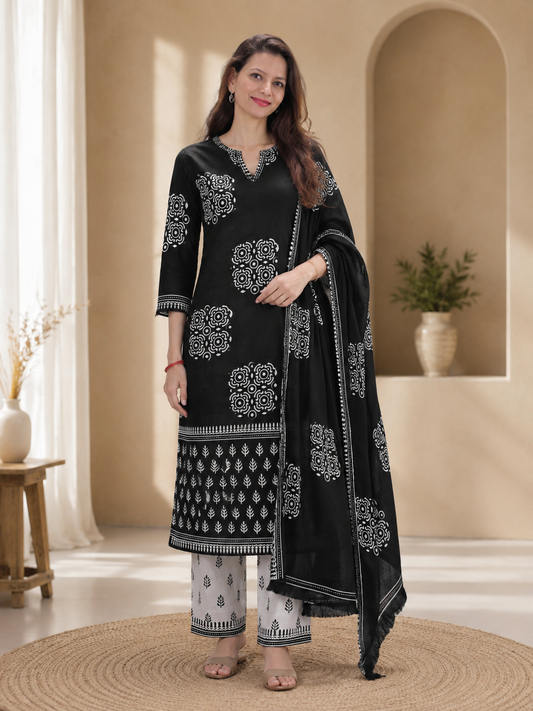 Amiya Bagru Hand Block Print Cotton Suit Set — Monochrome Black & White (Unstitched, 7.5m)