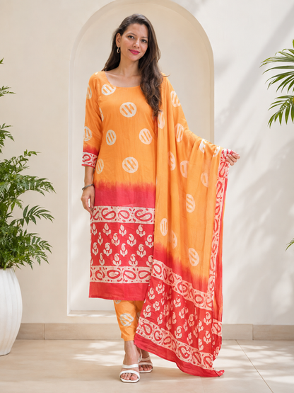 Marigold Dabu Coin-Motif Unstitched Cotton Fabric Set — Kairi Border