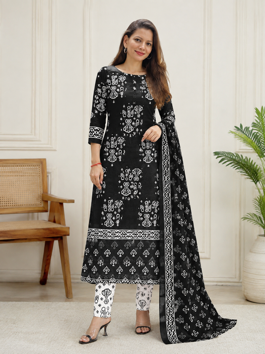 Black & Ivory Folk-Motif Unstitched Cotton Fabric Set — Scroll Border
