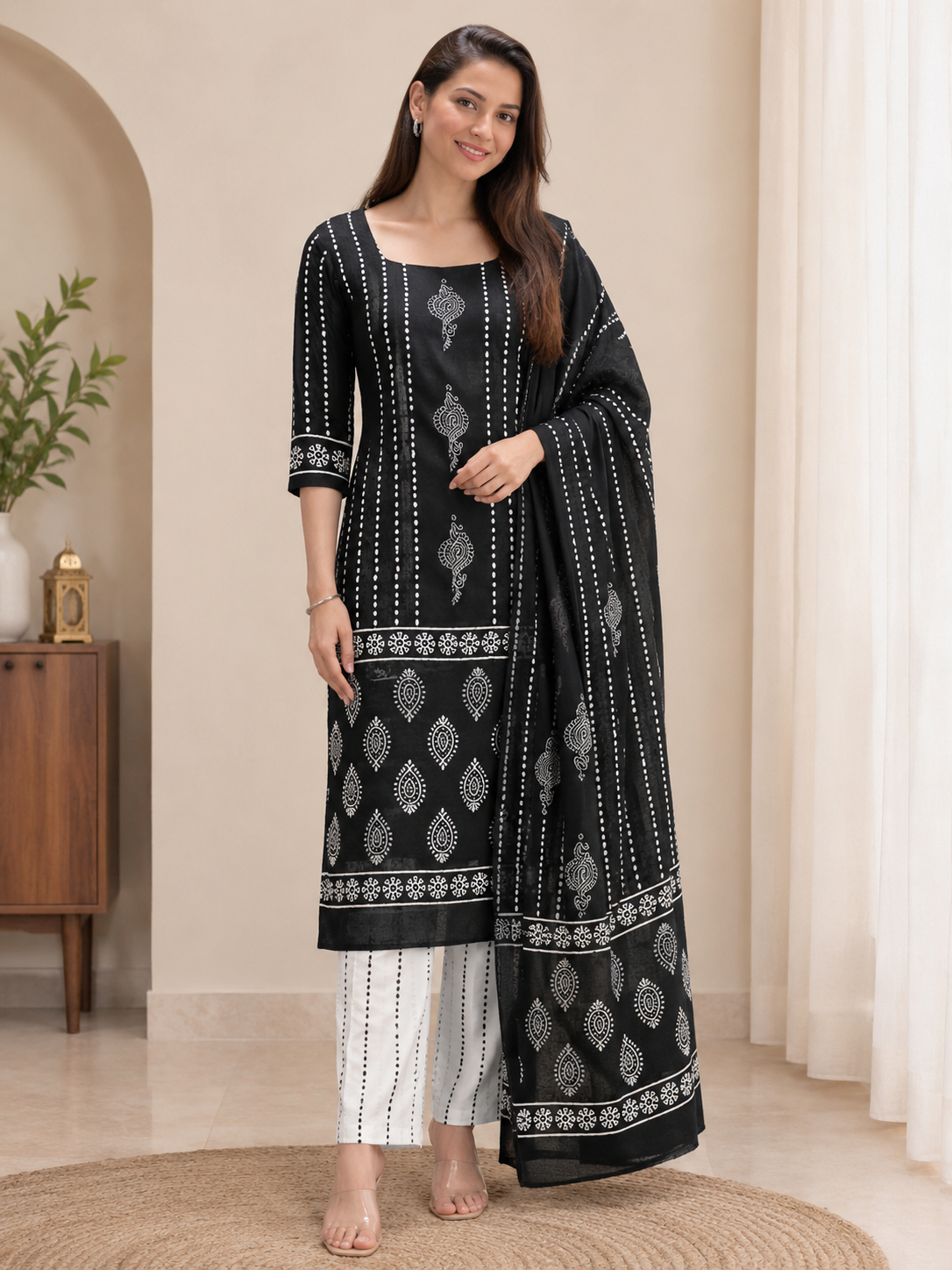 Ishani Bagru Hand Block Print Cotton Suit Set — Monochrome Paisley Pallu (Unstitched, 7.5m)