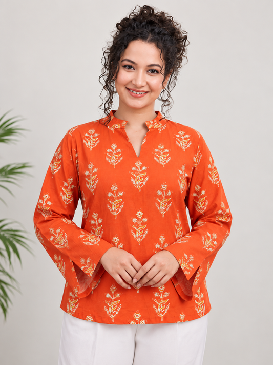Women’s Rust Orange Floral Print Pure Cotton Short Kurti | Mandarin Notch Neck Ethnic Tunic Top
