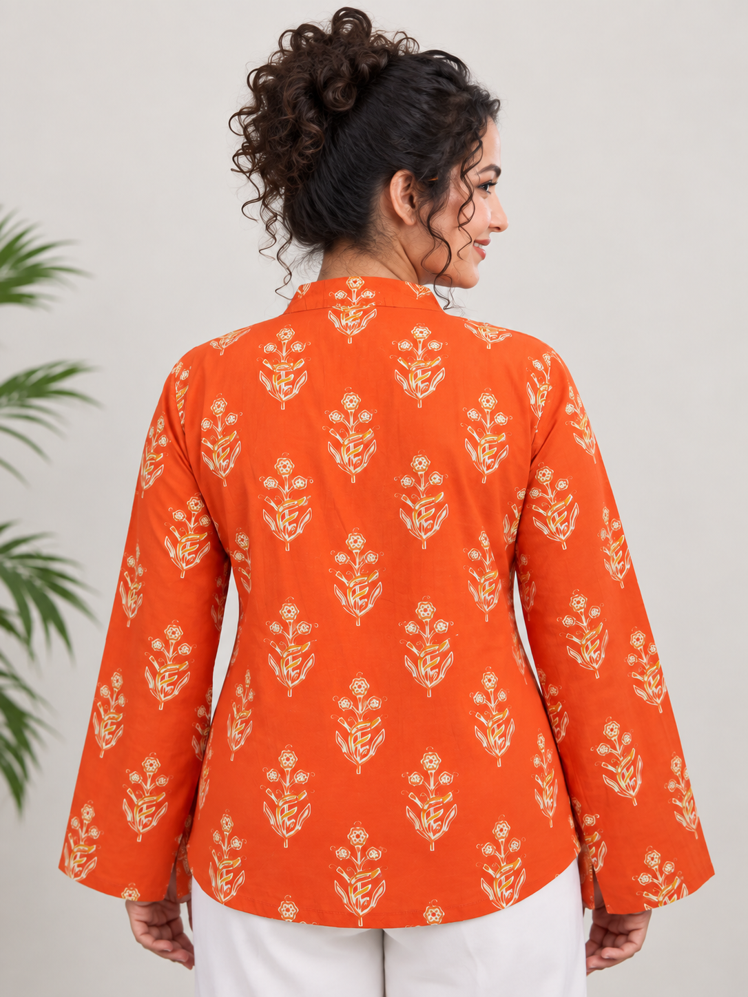 Women’s Rust Orange Floral Print Pure Cotton Short Kurti | Mandarin Notch Neck Ethnic Tunic Top