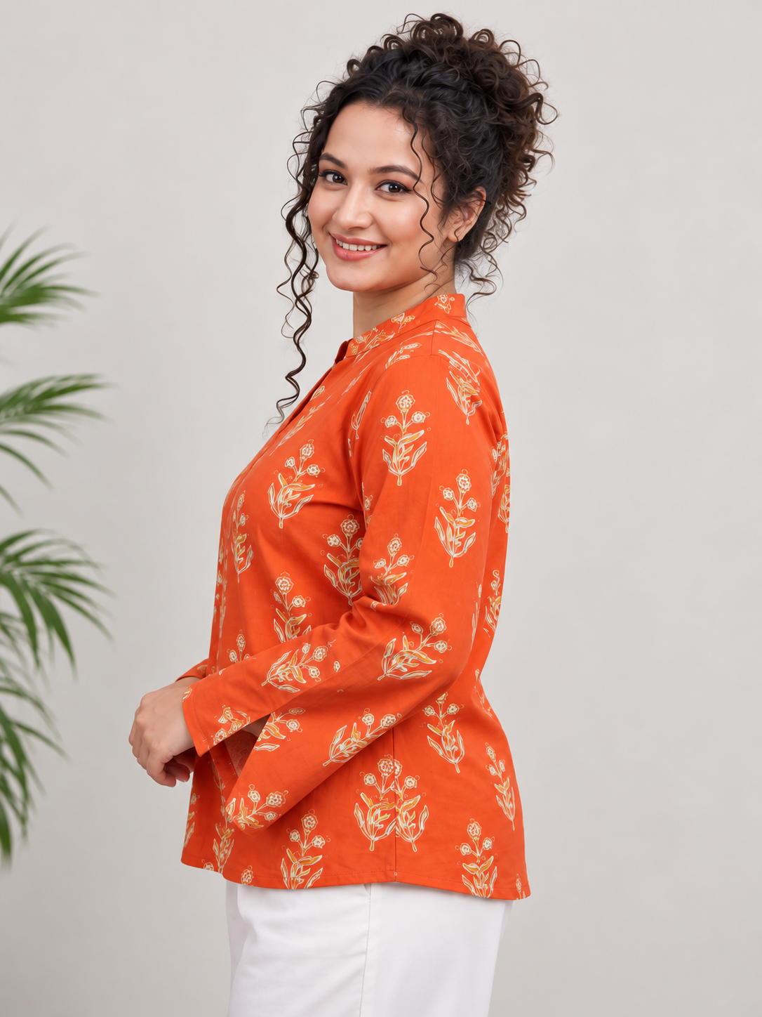 Women’s Rust Orange Floral Print Pure Cotton Short Kurti | Mandarin Notch Neck Ethnic Tunic Top