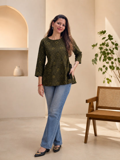 Sana Olive Lattice Tie-Waist Top
