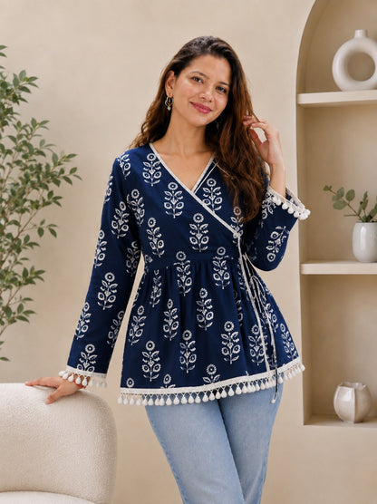 Aarna Navy Floral Vine Wrap Top