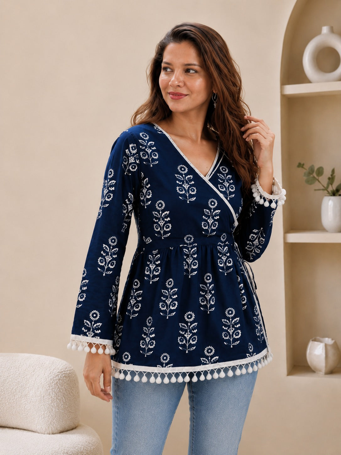 Aarna Navy Floral Vine Wrap Top