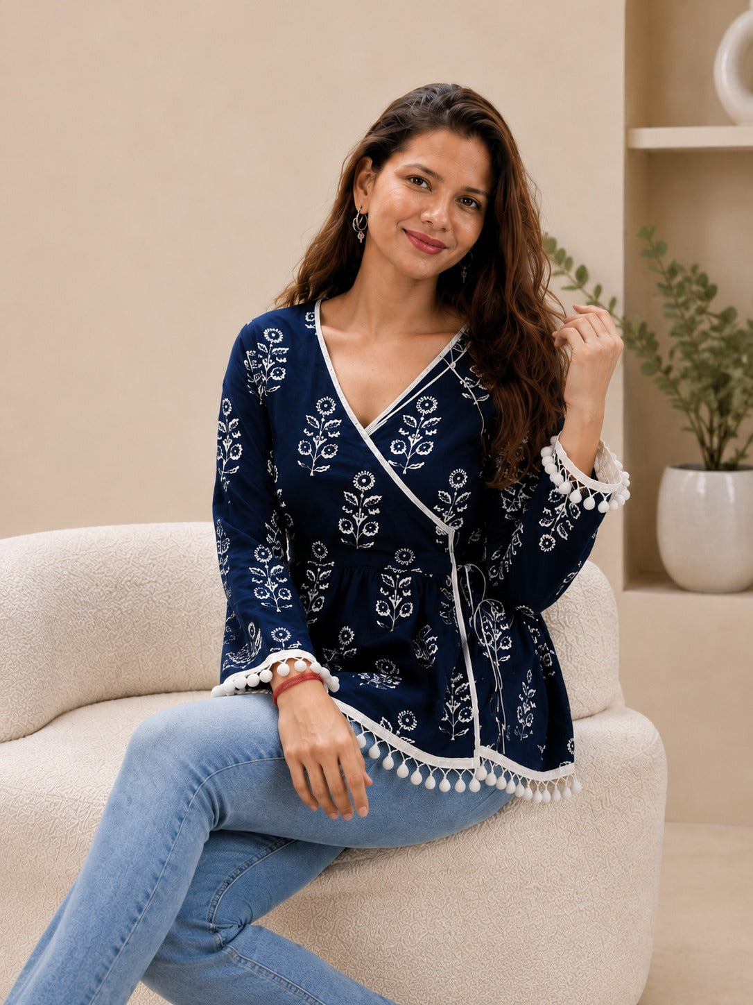 Aarna Navy Floral Vine Wrap Top