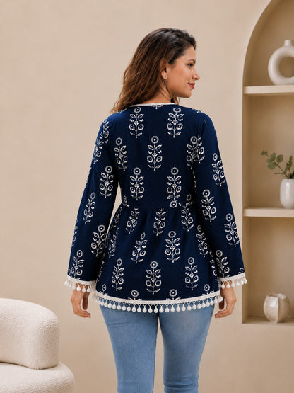 Aarna Navy Floral Vine Wrap Top