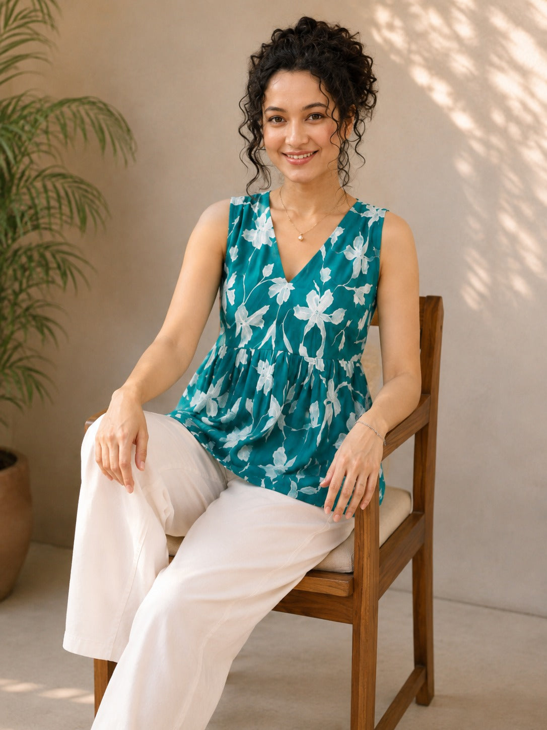 Meher Teal Floral Peplum Top