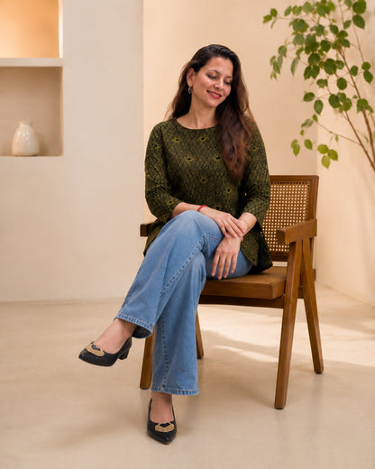 Sana Olive Lattice Tie-Waist Top