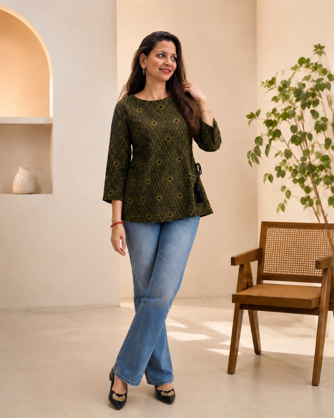 Sana Olive Lattice Tie-Waist Top