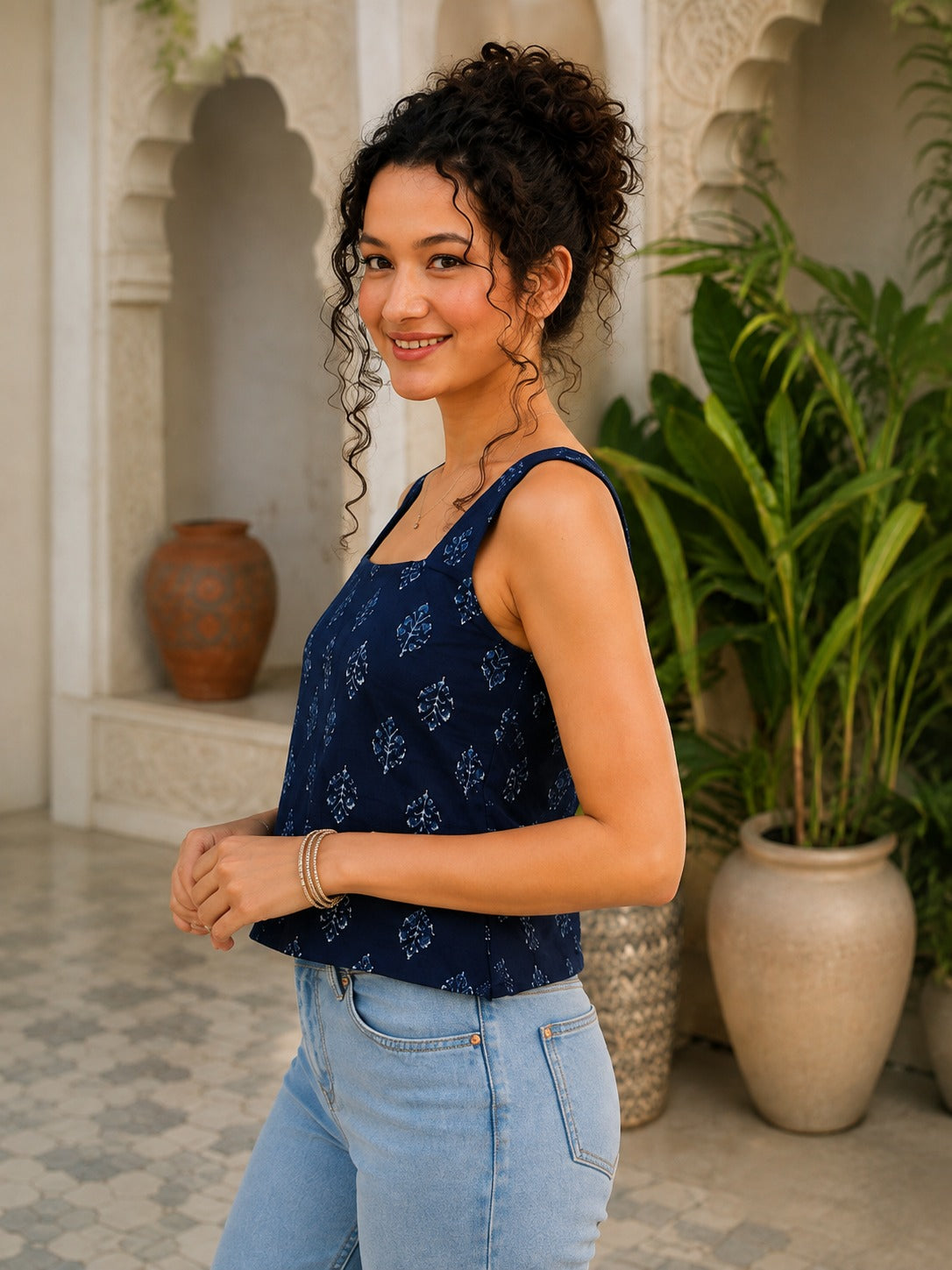 Neelam Navy Booti Fitted Crop Top