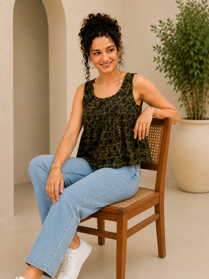 Vana Olive Tonal Floral Babydoll Top