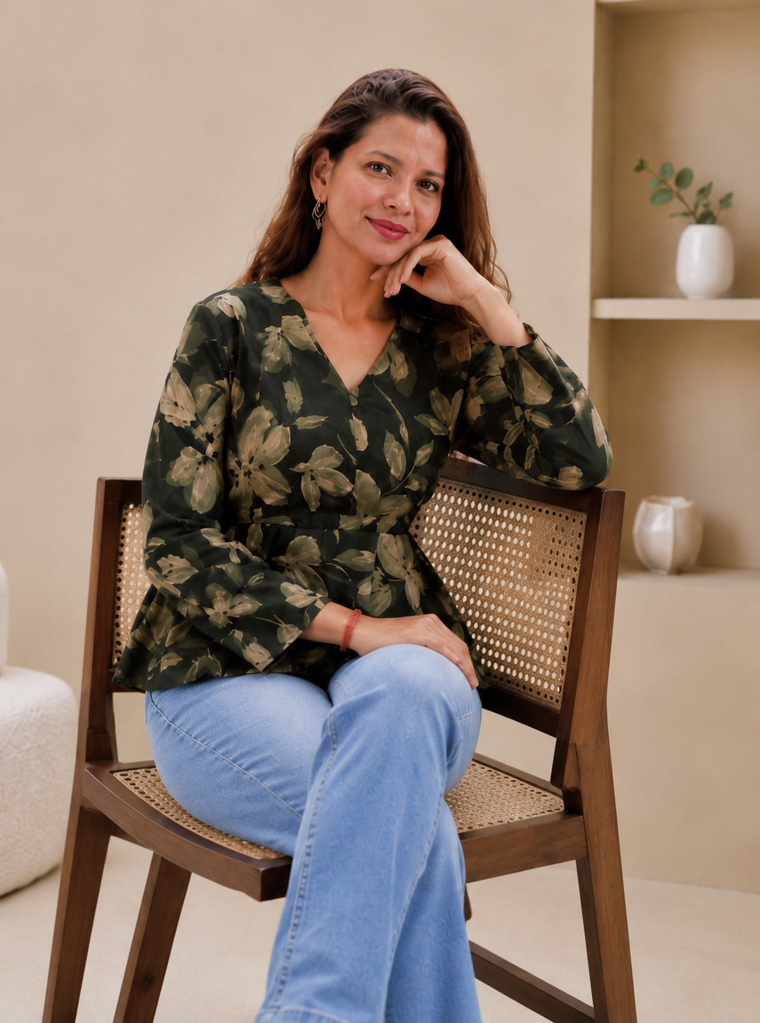 Kavya Olive Abstract Floral Peplum Top
