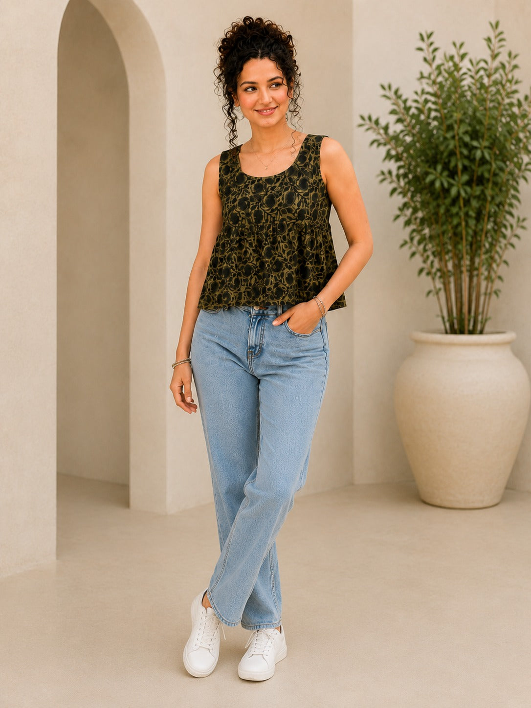 Vana Olive Tonal Floral Babydoll Top