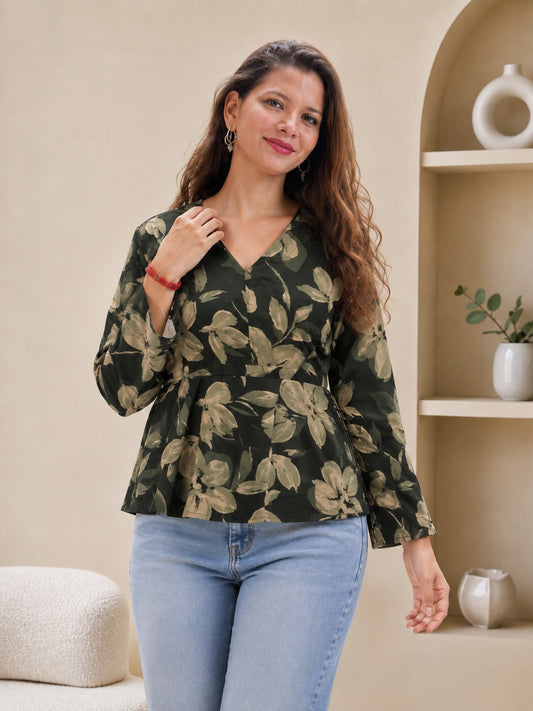 Kavya Olive Abstract Floral Peplum Top
