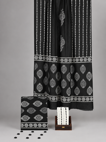 Ishani Bagru Hand Block Print Cotton Suit Set — Monochrome Paisley Pallu (Unstitched, 7.5m)