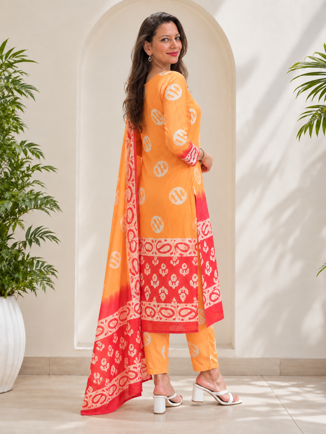 Marigold Dabu Coin-Motif Unstitched Cotton Fabric Set — Kairi Border