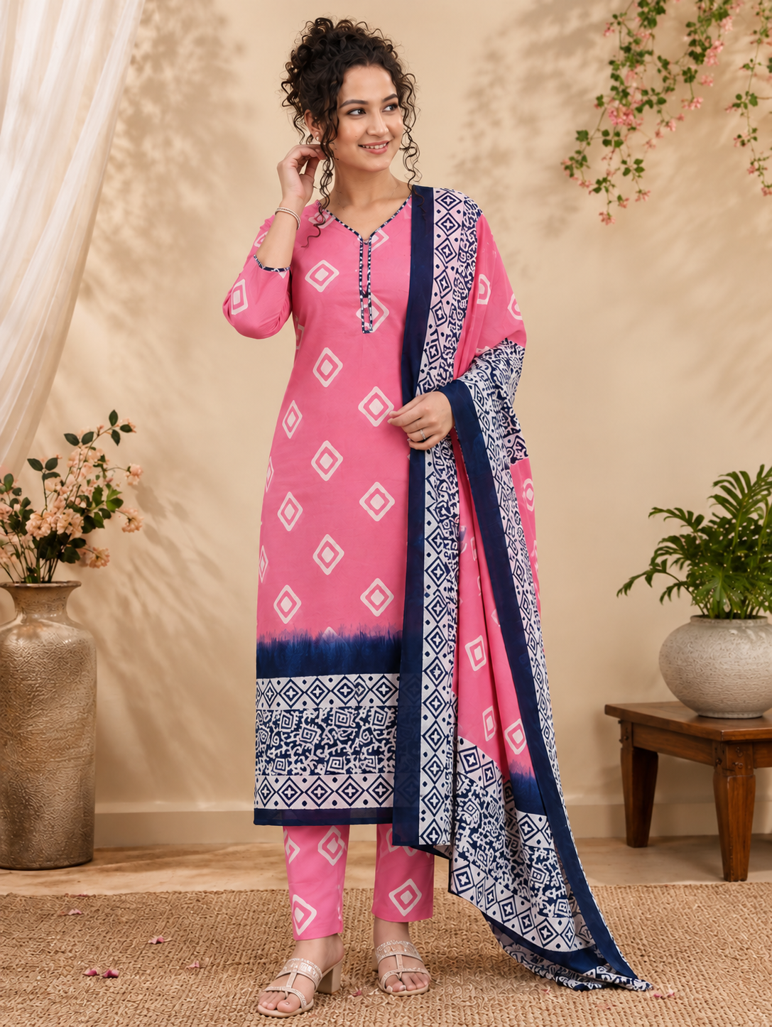 Pink & Navy Diamond Motif Unstitched Cotton Fabric Set — Spiral Scroll Border