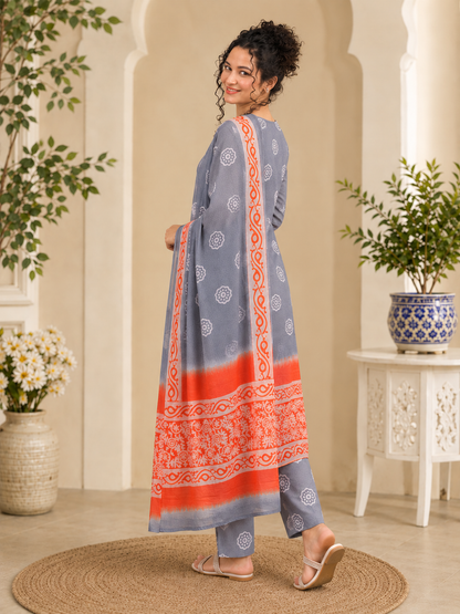 Elegant Grey & Coral Hand Block Printed Bagru Pure Cotton 3-Pc Dupatta Suit Set