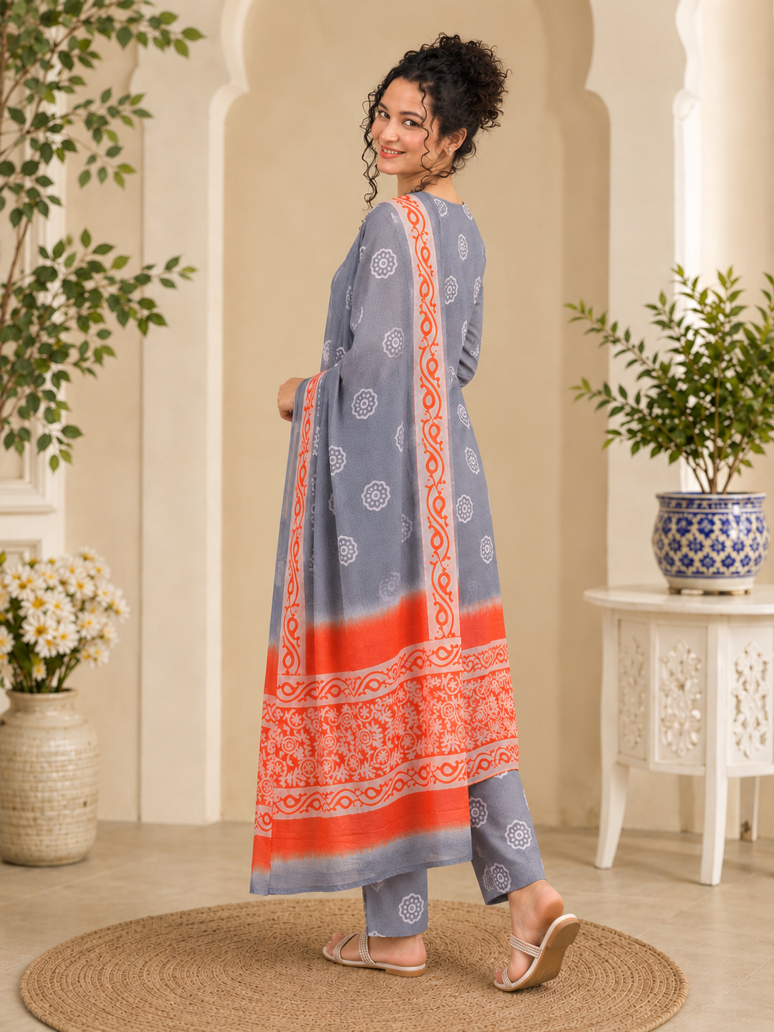 Sandhya Bagru Hand Block Print Cotton Suit Set — Dip-Dye Grey & Rust (Unstitched, 7.5m)