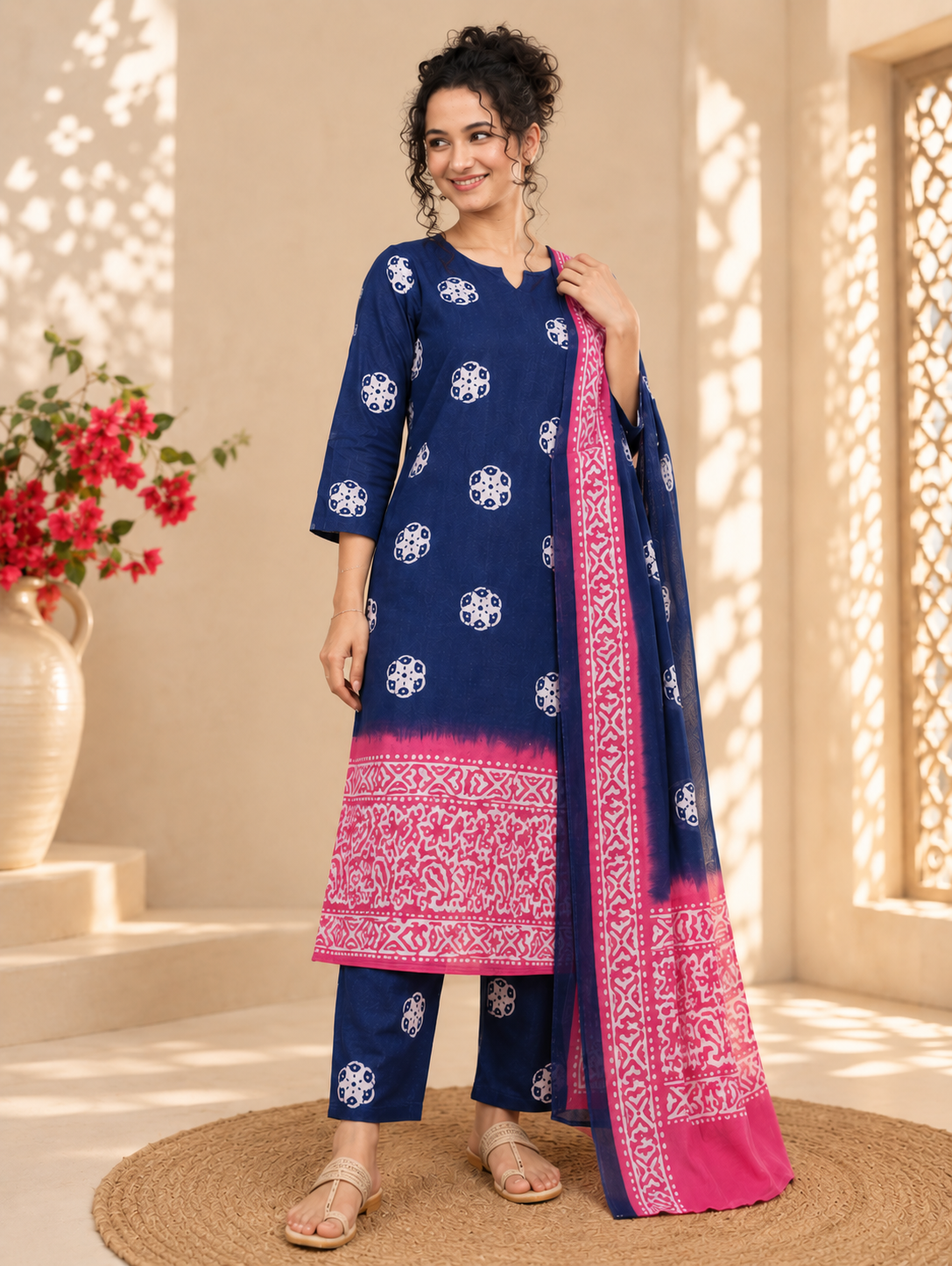 Ranjana Bagru Dabu Print Cotton Suit Set — Indigo & Fuchsia (Unstitched, 7.5m)