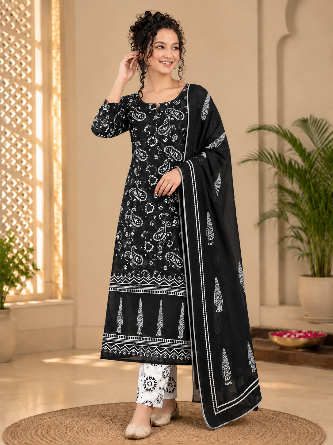 Monochrome Paisley Printed Pure Cotton Kurti Pant Dupatta Set for Office & Casual Wear