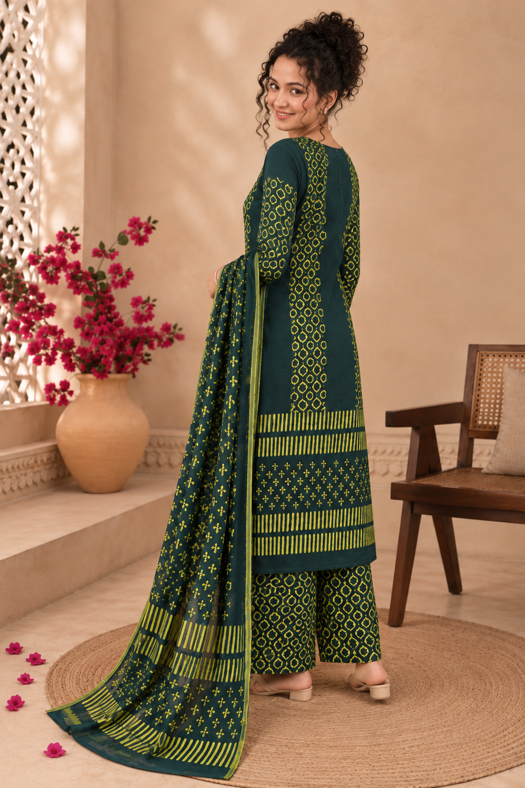 Kunj Bagru Hand Block Print Cotton Suit Set — Teal Green Bordered Dupatta (Unstitched, 7.5m)