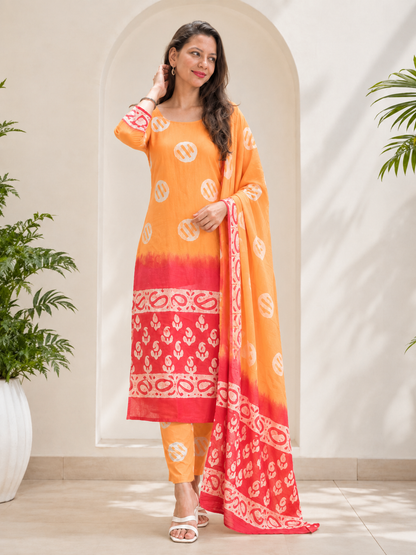 Marigold Dabu Coin-Motif Unstitched Cotton Fabric Set — Kairi Border