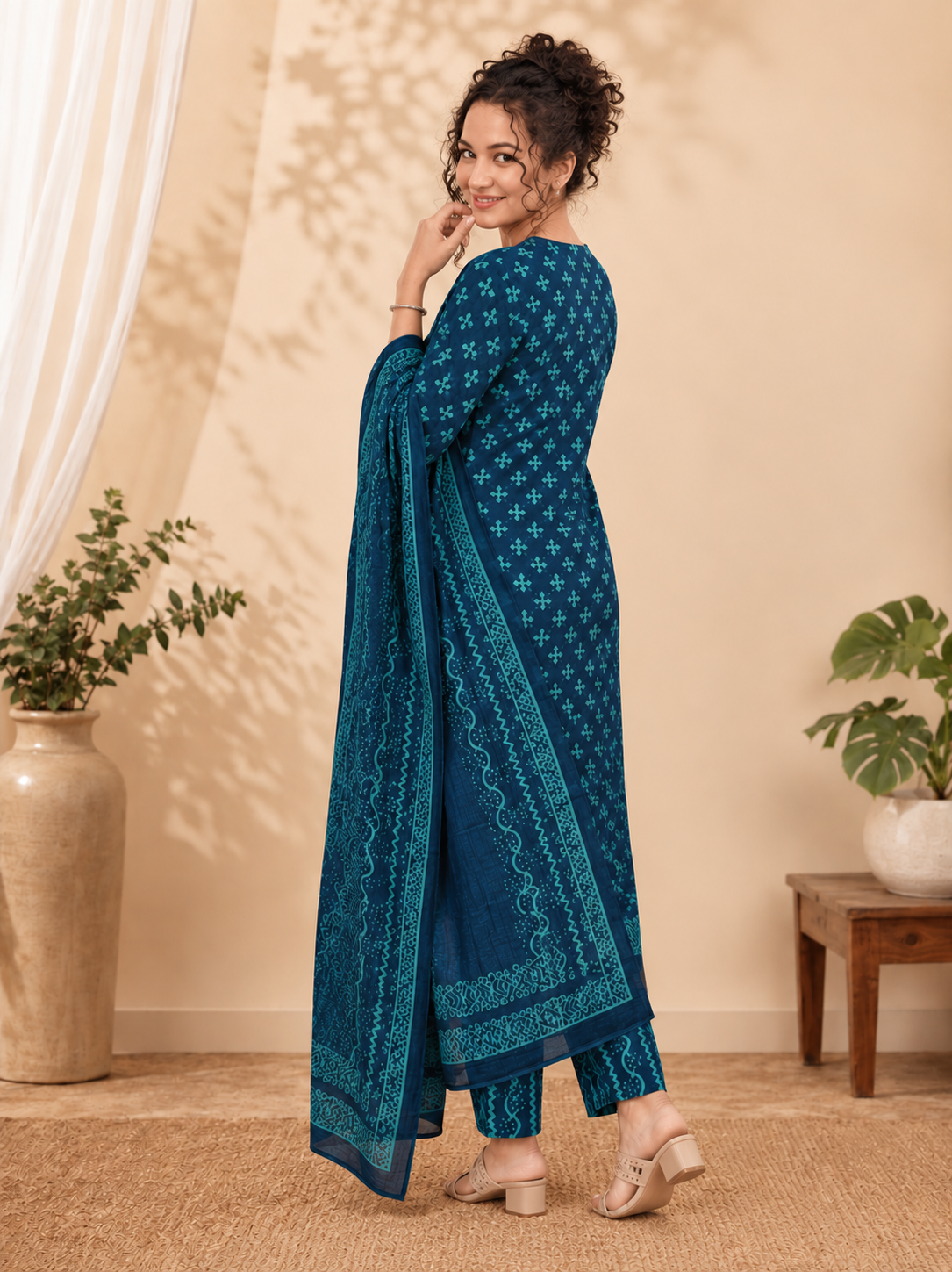 Saanvi Bagru Hand Block Print Cotton Suit Set — Indigo & Sage Bordered Dupatta (Unstitched, 7.5m)
