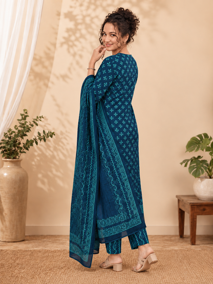Saanvi Bagru Hand Block Print Cotton Suit Set — Indigo & Sage Bordered Dupatta (Unstitched, 7.5m)