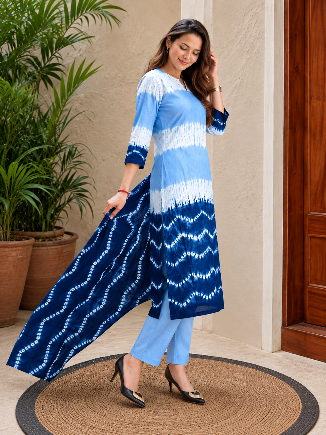 Sky-to-Indigo Shibori Ombre Unstitched Cotton Fabric Set — Chevron Wave Border