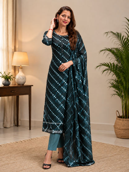 Arashi Shibori Cotton Suit Set — Teal to Black (Unstitched, 7.5m)