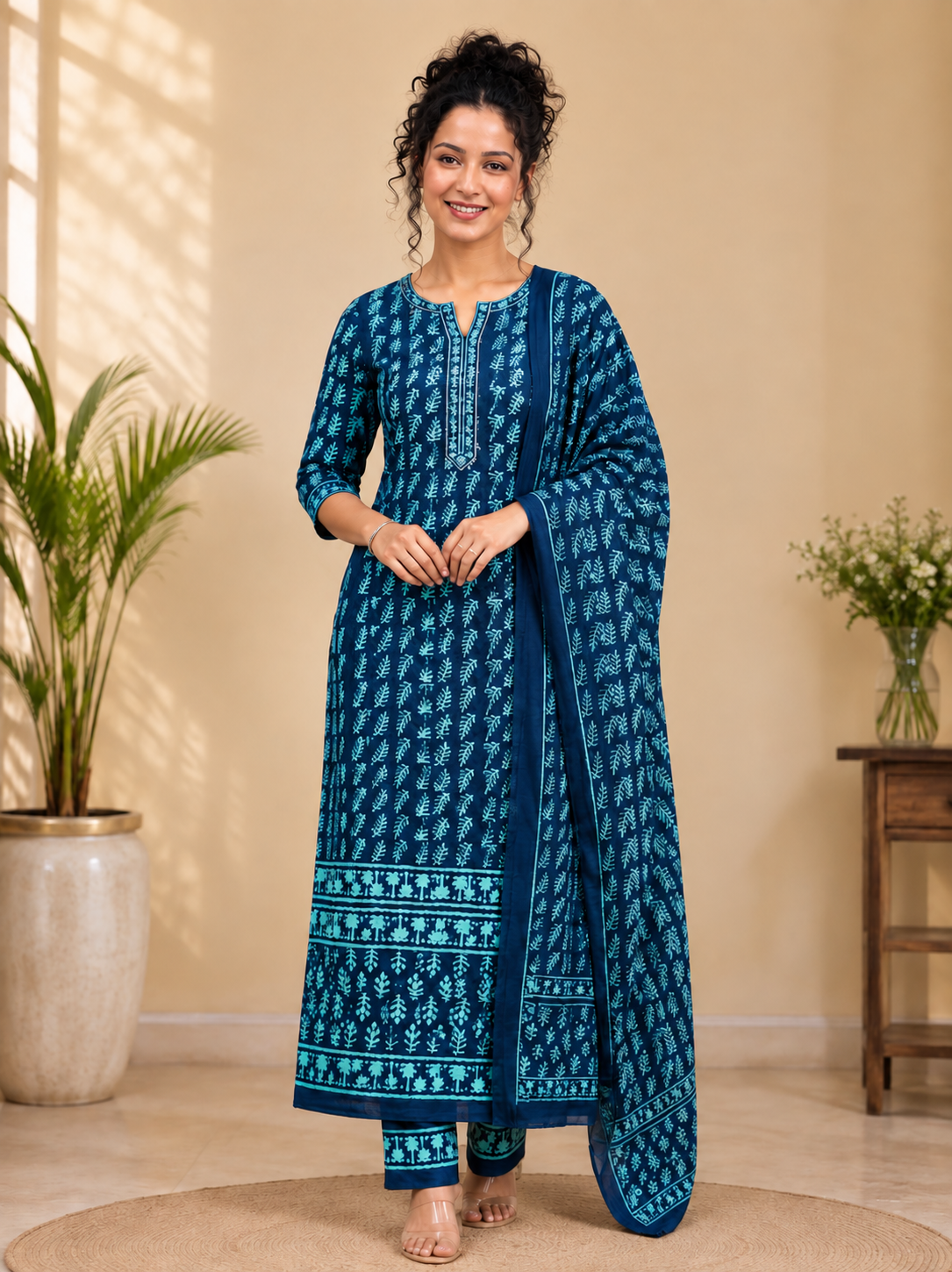 Indigo Blue & Teal Hand Block Printed Pure Cotton 3-Piece Suit Set | Straight Fit Kurta Pant Set