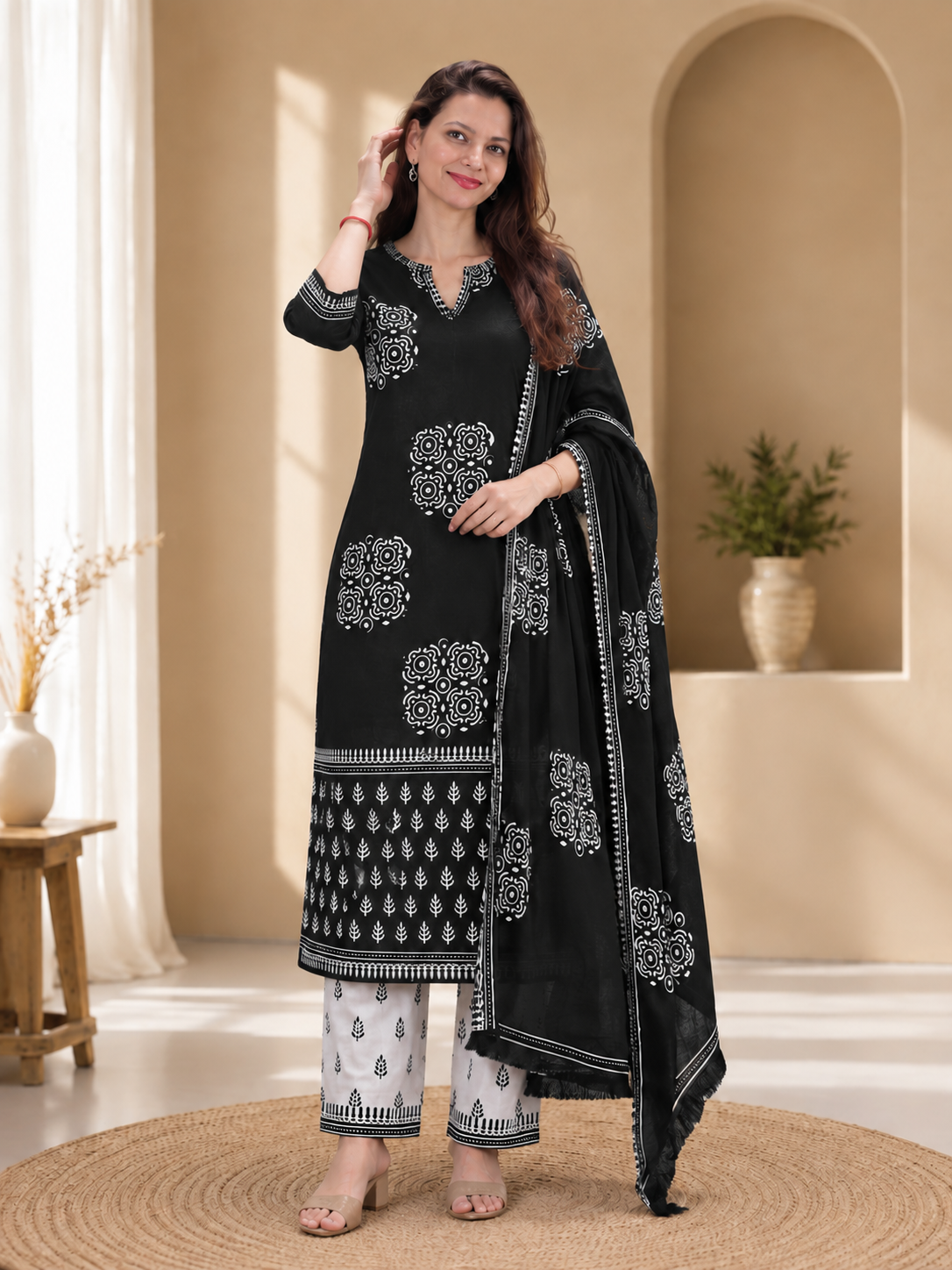 Amiya Bagru Hand Block Print Cotton Suit Set — Monochrome Black & White (Unstitched, 7.5m)