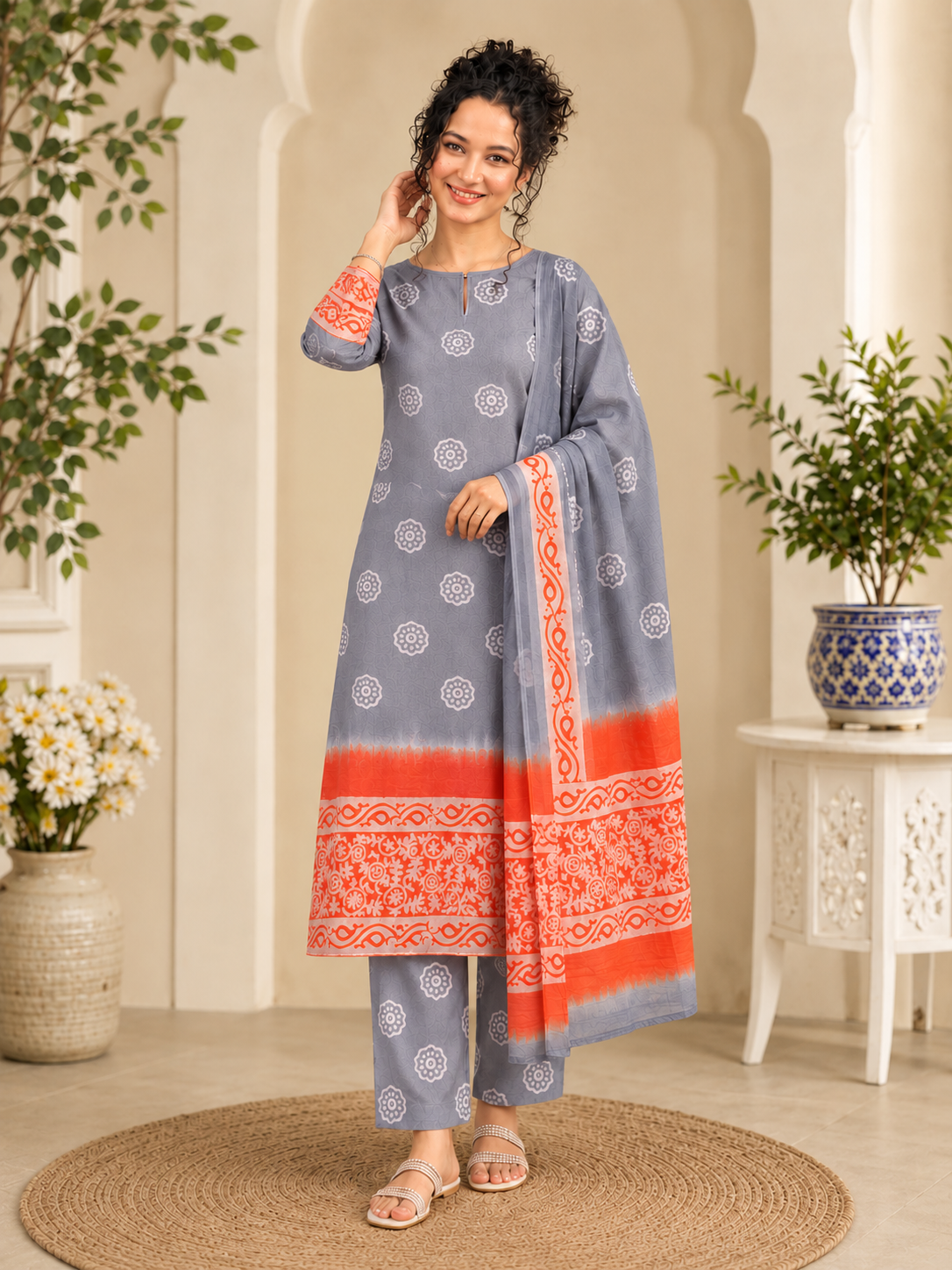 Elegant Grey & Coral Hand Block Printed Bagru Pure Cotton 3-Pc Dupatta Suit Set