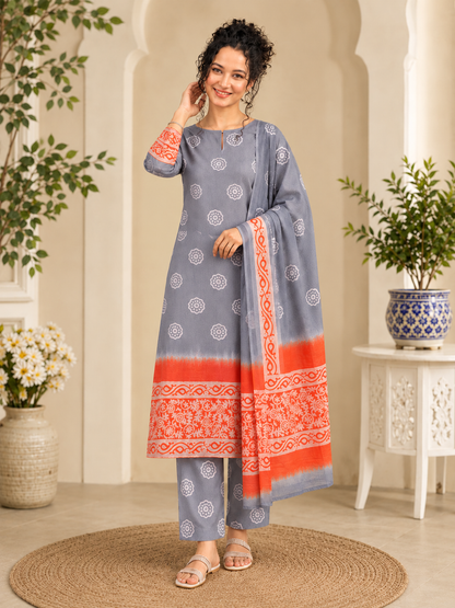 Sandhya Bagru Hand Block Print Cotton Suit Set — Dip-Dye Grey & Rust (Unstitched, 7.5m)