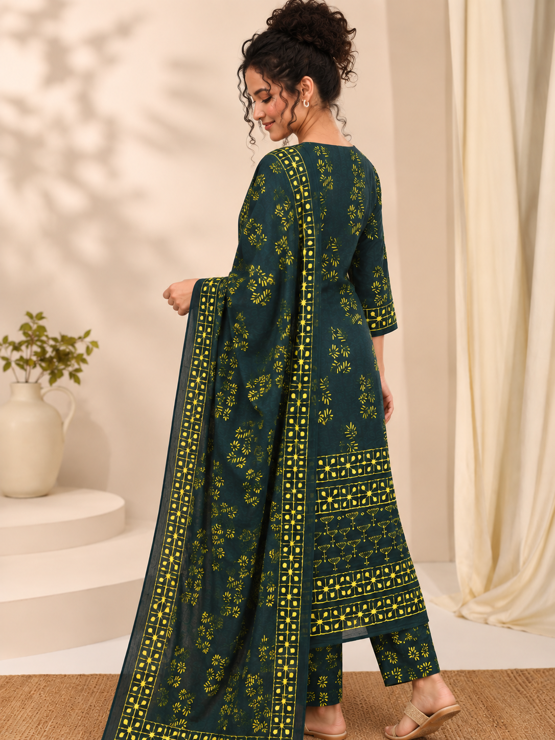 Van Bagru Hand Block Print Cotton Suit Set — Bottle Green & Mustard (Unstitched, 7.5m)