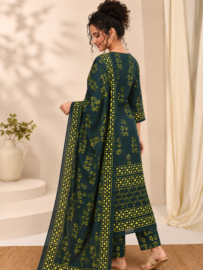Van Bagru Hand Block Print Cotton Suit Set — Bottle Green & Mustard (Unstitched, 7.5m)
