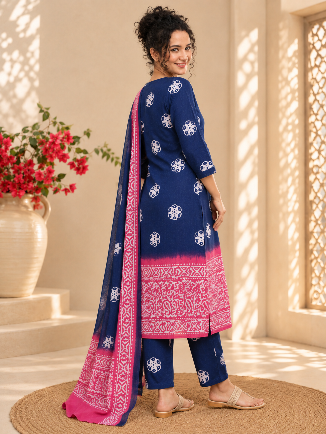 Ranjana Bagru Dabu Print Cotton Suit Set — Indigo & Fuchsia (Unstitched, 7.5m)