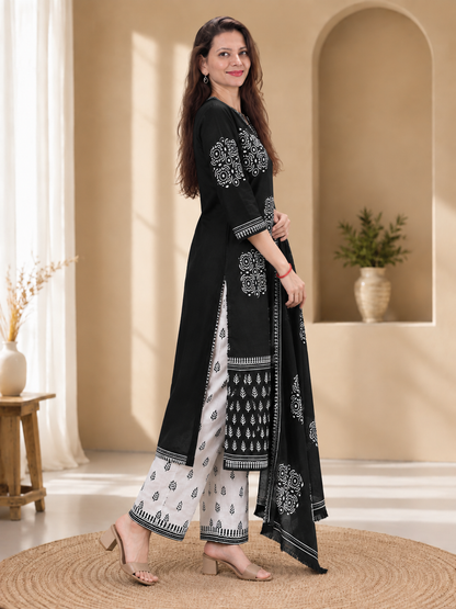 Amiya Bagru Hand Block Print Cotton Suit Set — Monochrome Black & White (Unstitched, 7.5m)