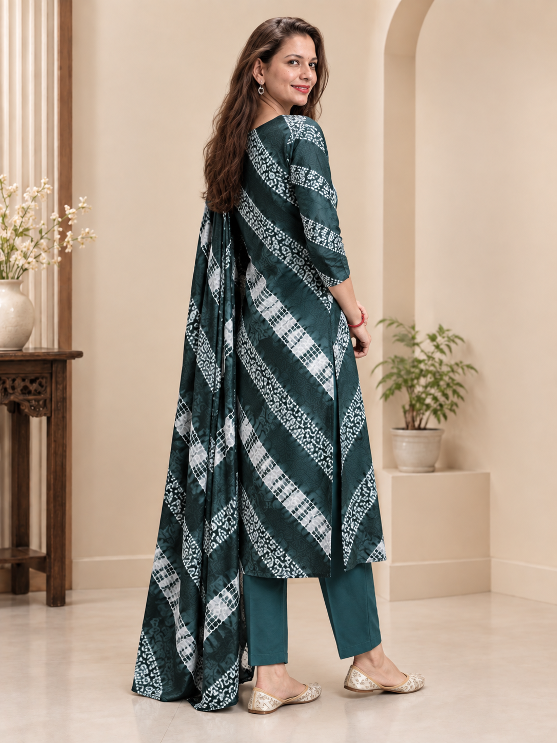 Sage-to-Charcoal Shibori Chevron Unstitched Cotton Fabric Set